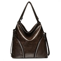 Grande borsa a tracolla vintage marrone scuro in pelle lucida con cerniere argentate - Marrone