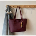Vintage burgundy large PU leather tote bag with elegant beaded tassel on wooden hook - Wine Red With Pendant