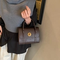 Retro dark brown leather shoulder bag with gold round buckle for daily commute style - Brown