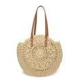 Fashionable round straw woven handbag for women with brown faux leather shoulder straps - Beige