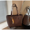 Vintage dark brown tote bag with beaded charm and litchi texture for women's daily use - Brown with Pendant