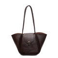 Dark brown pleated PU leather tote bag with gold buckle and wing-shaped design - Brown