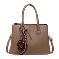 Brown litchi grain tote bag with leopard bear charm and adjustable shoulder strap - Dark Khaki