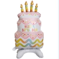 Pink three-tier cake balloon with yellow candles and Happy Birthday text on stand - Korean Style Striped Standing Cake