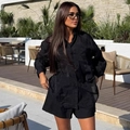 Conjunto negro de dos piezas para mujer con camisa de manga larga y pantalones cortos - S / Negro