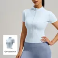 Giacca da yoga slim fit a maniche corte con zip per donna, colore blu ghiaccio - Blu Ghiaccio