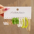 Set of six gold and green earrings with leopard butterfly and pearl accents on white card - Gold Green Marble Artificial Pearl Set (5640001)