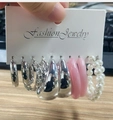 Set of 6 leopard and pearl earrings including silver hoops and pink resin rings - Silver Metal Pink Resin Artificial Pearl Set (5670701)
