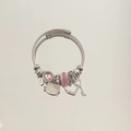 Silver twisted cable bracelet featuring pink Kitty charm and heart-shaped pendants - Pink Cartoon Cat Bracelet