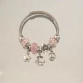 Silver steel beaded bracelet with pink charms, anchor pendants, and star hanging charms - Pink Star Anchor Bracelet