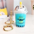 Blauwe kat bubble tea sleutelhanger met acryl beker en gouden metalen sluiting - Blauw