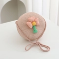 Detail of pink woven straw bag for girls with a cute floral 3D flower decoration - Diameter 15cm / Pink Round Bag with Pink Flower