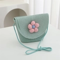 Detail of mint green woven straw bag featuring a decorative pink fabric flower - 19*14*5cm / Fruit Green Pink Flower Flap Bag
