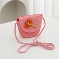 Detail of pink woven straw bag with 3D orange dragonfly charm and thick cord strap - 11*14*6cm / Peach Red Dragonfly Flap Bag