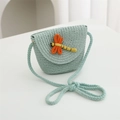Detail of mint green woven straw crossbody bag with colorful dragonfly doll decoration - 11*14*6cm / Green Dragonfly Flap Bag