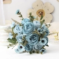 Elegant artificial blue peony bouquet with daisies and green leaves for home decoration - Lake Blue