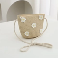 Kids woven straw crossbody bag in natural beige with white daisy floral accents - 11*14*6cm / Beige Floral