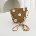 Brown straw woven crossbody bag with white daisy embroidery and rope strap - 11*14*6cm / Khaki Flower