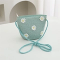 Pastel mint green straw crossbody bag for girls with white daisy flower embroidery - 11*14*6cm / Fruit Green Small Flower