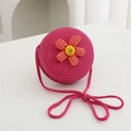 Cute rose red round woven straw crossbody bag with plaid fabric flower for girls - Diameter 12cm / Rose Red Round Bag with Red Flower