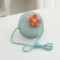 Mint green round woven straw crossbody bag with a red checkered flower for little girls - Diameter 12cm / Green Round Bag with Red Flower