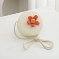 Round beige straw crossbody bag with red checkered fabric flower and rope strap - Diameter 12cm / Creamy White Round Bag with Red Flower