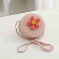 Pink woven straw crossbody bag for girls with red checkered flower detail - Diameter 12cm / Pink Round Bag with Red Flower
