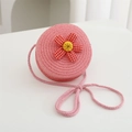 Pink round straw woven shoulder bag for girls with red checkered flower decor - Diameter 12cm / Peach Red Round Bag with Red Flower