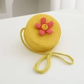 Cute yellow round woven straw crossbody bag for girls with a red checkered floral accent - Diameter 12cm / Yellow Round Bag with Red Flower
