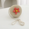 Light beige straw cross-body bag for girls featuring a red plaid flower accent - Diameter 12cm / Beige Round Bag with Red Flower