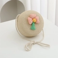 Beige woven straw bag for girls featuring a pink floral decoration and thin rope strap - Diameter 15cm / Beige Round Bag with Pink Flower