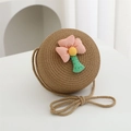 Cute round woven straw crossbody bag for girls with pink floral embroidery detail - Diameter 15cm / Khaki Round Bag with Pink Flower