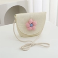 Kids beige straw crossbody bag with large blue and pink plush flower decoration - 19*14*5cm / Creamy White Pink Flower Flap Bag