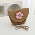 Cute brown hand-woven straw crossbody bag for girls featuring a pink floral decoration - 19*14*5cm / Khaki Pink Flower Flap Bag