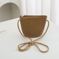 Mini brown woven straw crossbody bag for girls with striped texture and rope strap - 11*14*6cm / Khaki Plain Bag