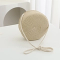 Kids round woven straw crossbody bag in beige with zipper and cotton rope strap - Diameter 16cm / Beige Plain Round Bag