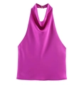 Detail of fuchsia satin halter top featuring a draped cowl neck and back button closure - XS / Purple