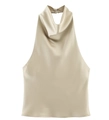 Detail of champagne satin halter top featuring a cowl neck and pearl button closure - XS / Champagne
