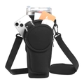 Black neoprene water bottle carrier with adjustable strap and multi-pocket storage - Black Round Pouch