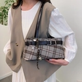 Retro plaid boston bag with faux leather straps and decorative charms for autumn wear - Brown