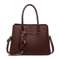 Deep coffee tote bag in lychee pattern leather with a leopard print bear pendant - Brown