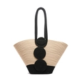 Handmade woven tote bag in beige and black contrast design with long round handles - Cream and Black