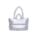 Metallic silver quilted puffer tote bag with double handles in a modern glossy finish - Silver