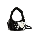 Borsa a nuvola in raso nero con strass e ciondolo a cuore in pizzo bianco - Senza Ciondolo / Nero
