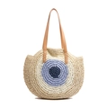 Runde gewebte Strohtasche mit blauem Evil-Eye-Muster und braunen Lederriemen - Gebrochenes Weiß
