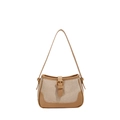 Beige woven canvas underarm bag with khaki leather trim and gold metal buckle detail - Khaki
