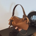 Brown vintage suede Boston bag with leather handles and decorative beaded pendant - Basic Style / Brown