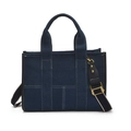 Large capacity dark blue denim tote bag with white contrast stitching and shoulder strap - Dark Blue