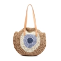 Runde Stroh-Umhängetasche mit gewebtem blauem Evil Eye Muster und khakifarbenen Griffen - Khaki