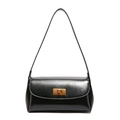 Minimalist black glossy small square bag with golden buckle and slim shoulder strap - Black